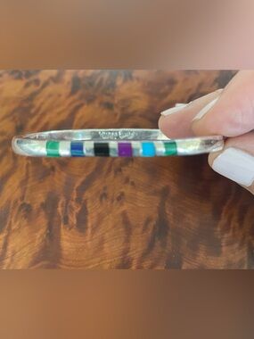 Vintage Mexico Taxco? Sterling Silver 925 Multi-gemstone Inlay Bangle Bracelet